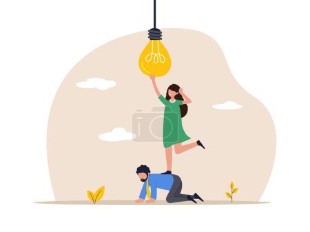 Illustration for Partnership to success together, teamwork help get solution to solve problem. Businessman help support coworker to turn on lightbulb. Support to togetherness, collaboration and cooperation concept - Royalty Free Image