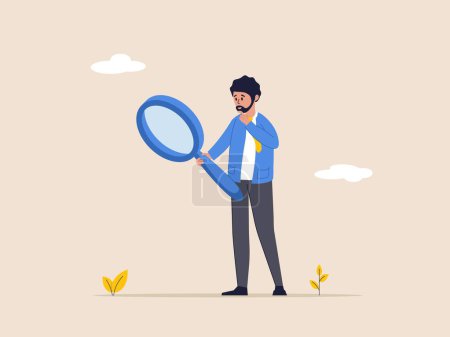 Illustration for Specialist investigate and research for insight information concept. Search, discover, analyze report. Guy holds up huge magnifying glass out of curiosity and thinks about evidence and result - Royalty Free Image