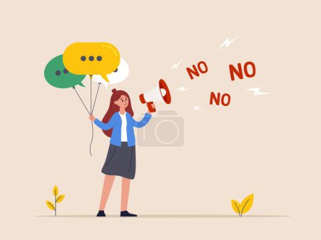 Illustration for Time management concept. Confident businesswoman speak or scream loud on megaphone with words NO. Refuse to do wrong things. Learn to say no, leadership skill to manage workload - Royalty Free Image