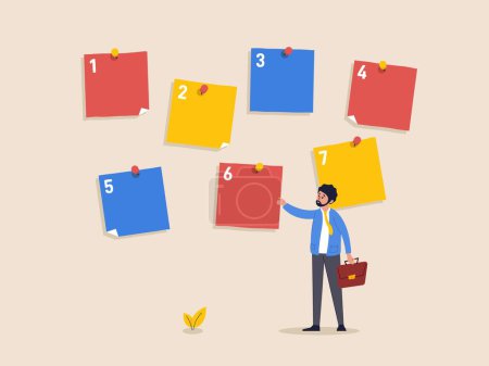 Illustration for Task management concept. Arrange to do list which job to do before and after, set work priority, young entrepreneur businessman manage to prioritize sticky note with number. Flat vector illustration - Royalty Free Image