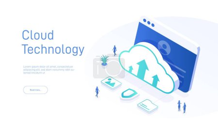 Cloud technology isometric concept. Cloud computing. Online devices upload, download information. Data in database on cloud services. Modern 3d vector illustration of web page
