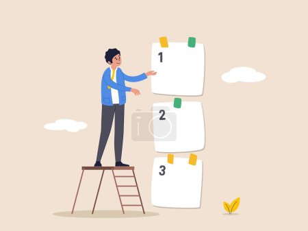 Task management concept. Set work priority, arrange to do list which job to do before and after, young entrepreneur businessman manage to prioritize sticky note with number first, second and third