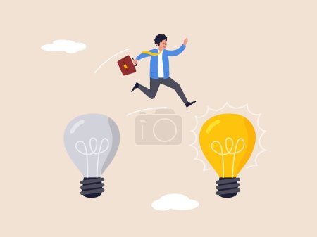 Business transformation concept. Change management or transition to better innovative company, improvement and adaptation to new normal, smart businessman jump from old to new shiny lightbulb idea