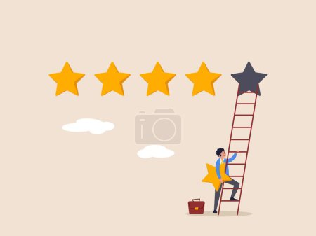 Illustration for Evaluation rank concept. 5 stars rating review high quality and good business reputation, customer feedback or credit score, businessman holding 5th star climb up ladder to put on best rating - Royalty Free Image