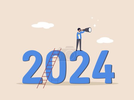 Ausblick auf das Jahr 2024. Jahresrückblick oder Analysekonzept. Wirtschaftsprognose oder Zukunftsvision, Geschäftschance oder Herausforderung vor uns, vertrauensvoller Geschäftsmann mit Fernglas steigt im Jahr 2024 die Leiter hinauf