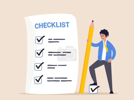 Achievement concept. Checklist for work completion, review plan, business strategy or todo list for responsibility, confident businessman standing with pencil after completed all tasks checklist