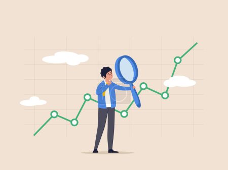 Illustration for Investment and economic forecast concept. Stock market data analysis, financial research professional, smart businessman analyst using magnifying glass look in details on market data rising graph - Royalty Free Image