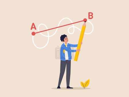Illustration for Easy or shortcut way to win business success or hard path and obstacle concept. Man holding pen in hand leads a drawing line from point A to point B, Straight and complicated path - Royalty Free Image
