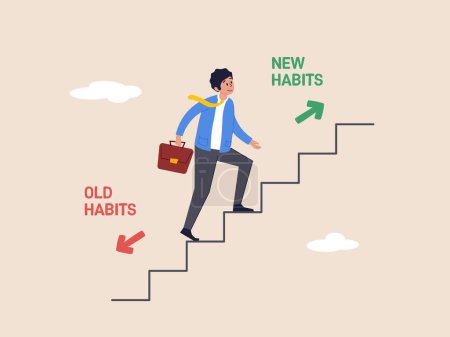 Make a choice concept. Businessman walking up stair to new habits way. Old Habits and new habits choice, Choose a new direction. Modern flat vector illustration
