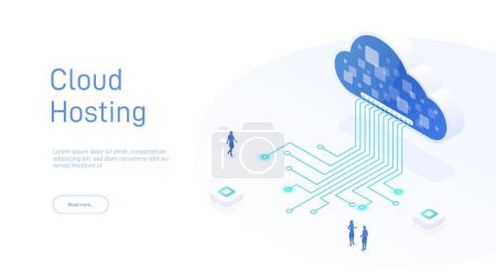 Illustration for Cloud hosting and technology networking concept. Web cloud technology business. Internet data services. Cloud storage. Internet equipment industry. Abstract hosting server. Isometric 3d illustration - Royalty Free Image