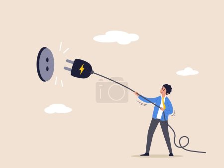 Electricity saving concept. ecology awareness or reduce electric cost and expense, man pulling electric cord to unplug to save money or for ecology power. Flat vector illustration