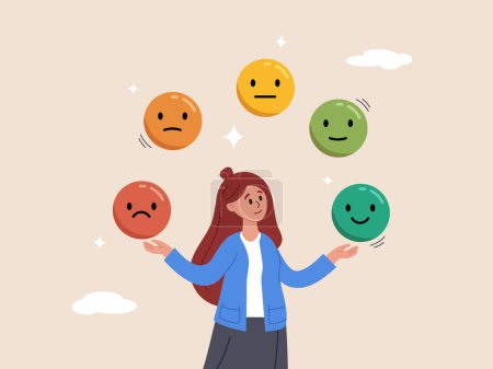 Balance of anxiety and happiness concept. Emotional intelligence, control feeling or emotion, psychology to be success, cheerful woman balance on smiling face juggling expression emotional faces