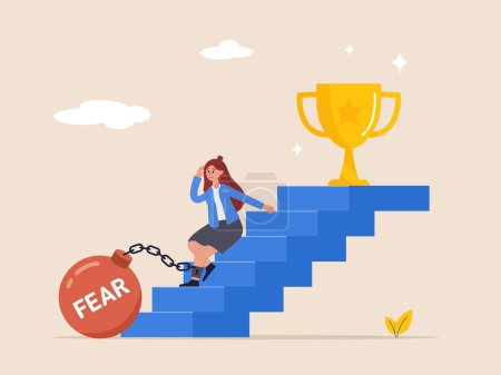 Illustration for Afraid of progress forward concept. Depressed businesswoman sitting on stairway to success goal. Fear of failure, anxiety or stressed, negative emotion in career development - Royalty Free Image