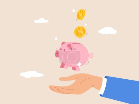 Illustration for Savings for prosperity or financial success. Frugality, building wealth or thrifty, budgeting or cut spending to save money for future concept, money dollar coins drop into hand holding piggy bank - Royalty Free Image