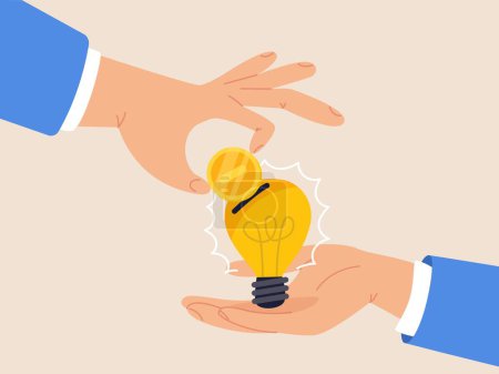 Illustration for Crowd funding concept. New business or start up company to get money or venture capital to support or sponsor business, businessman hand giving money dollar coin to new business idea light bulb - Royalty Free Image