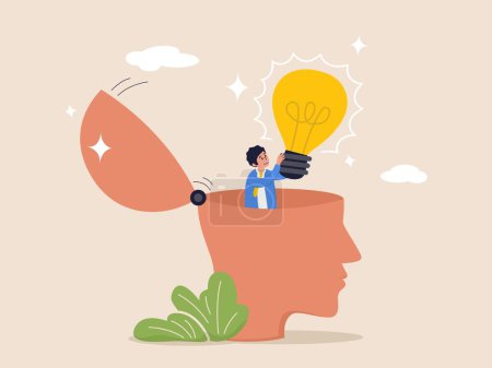 Illustration for Discover new idea concept. Eureka moment. Solution to solve problem, business insight, inspiration or creativity innovation, Aha moment, man with eureka moment discover lightbulb idea in his head - Royalty Free Image