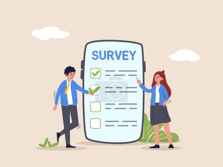 Online survey questionnaire concept. Poll, opinion or customer feedback using internet concept, man and woman using mobile or smartphone to fill in online survey checklist