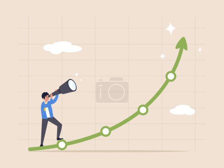 Investment concept. Upside potential, economy prediction or forecast, vision or analyze future, business growth or earning increase, businessman look through telescope to see investment growing graph