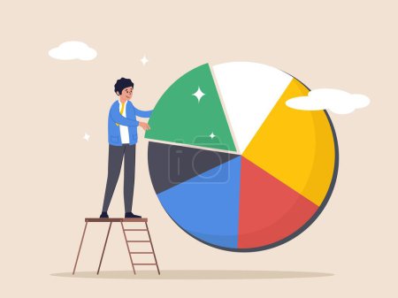 Illustration for Investment asset concept. Allocation and rebalance, businessman investor or financial planner standing on ladder to arrange pie chart as rebalancing investment portfolio, suitable for risk and return - Royalty Free Image