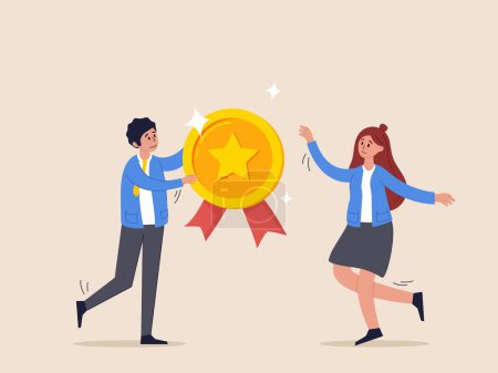 Illustration for Success achievement reward concept. Employee award recognition, top star performer of the month, best sales champion or certificate, businessman boss giving golden star badge to winning employee - Royalty Free Image