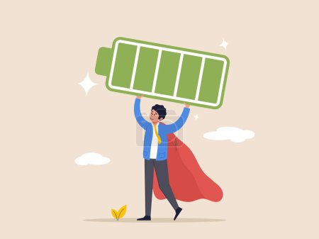 Illustration for Efficient concept. Full battery recharge, full energy to work or refresh from exhaustion, burnout recover, fuel employee or productive, energetic businessman superhero carry full recharge battery - Royalty Free Image