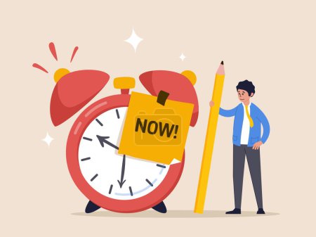 Illustration for Punctuality concept. Stop procrastination, do it now or decision to finish work or appointment in time, businessman with pencil after he wrote the word Now on note and stick it on ringing alarm clock - Royalty Free Image