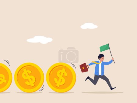 Illustration for Profit concept. Cash flow, investment fund flow, fund raising, bank loan or financial activity to making money, Businessman leader or investor holding flag control flow of money Dollar coins - Royalty Free Image