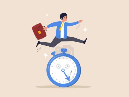 Illustration for Sense of urgency concept. Quick response attitude to get work done as soon as possible now, reaction to priority task or important, fast businessman running and jump high over countdown timer clock - Royalty Free Image
