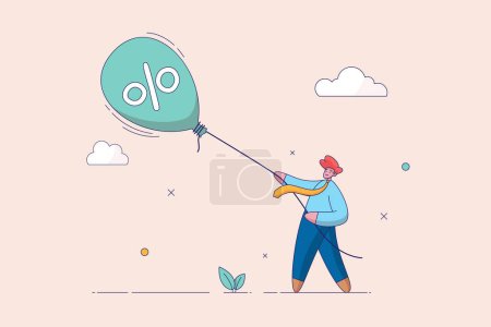 Illustration for Rising interest rates stock concept. Inflation increases the price of consumer goods. Consumer struggles with inflated interest rate balloon. Business flat vector illustration - Royalty Free Image
