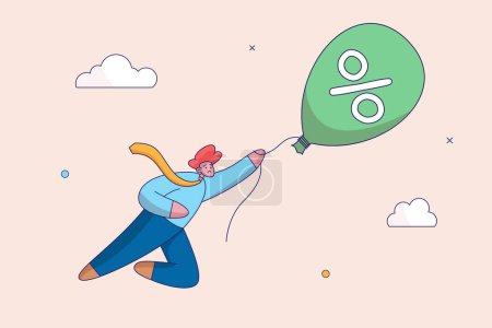 Illustration for Inflated interest rate balloon floats higher. Inflate concept. Learning or study for skill development to achieve business success. Business flat vector illustration - Royalty Free Image