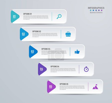 Illustration for Infographics design template, business concept with 5 steps, table or options, can be used for workflow layout, diagram, annual report, web design, presentation. Creative banner, label vector - Royalty Free Image
