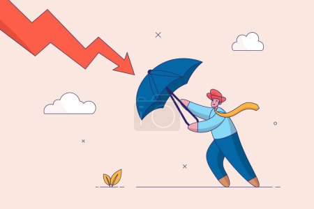 Insurance concept. Protection or defensive stock in economy crisis or market crash, business resilient to survive difficulty, businessman holding umbrella to cover and protect from downturn arrow