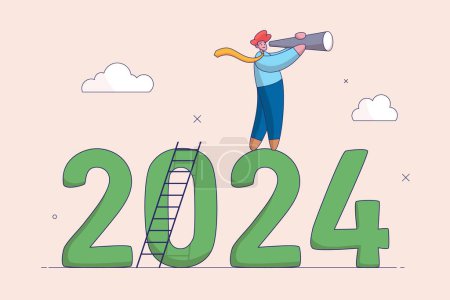 Ausblick auf das Jahr 2024. Jahresrückblick oder Analysekonzept. Wirtschaftsprognose oder Zukunftsvision, Geschäftschance oder Herausforderung vor uns, vertrauensvoller Geschäftsmann mit Fernglas steigt im Jahr 2024 die Leiter hinauf