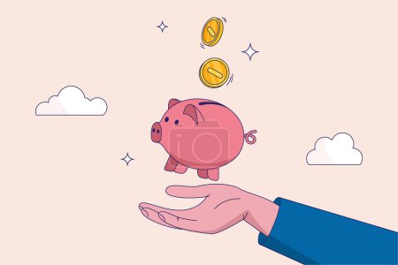 Illustration for Savings for prosperity or financial success. Frugality, building wealth or thrifty, budgeting or cut spending to save money for future concept, money dollar coins drop into hand holding piggy bank - Royalty Free Image