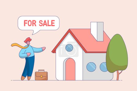 Home for sale concept. Selling house moving to new home, owner or realtor stands near the Sale Sign in front of the house. Modern flat vector illustration