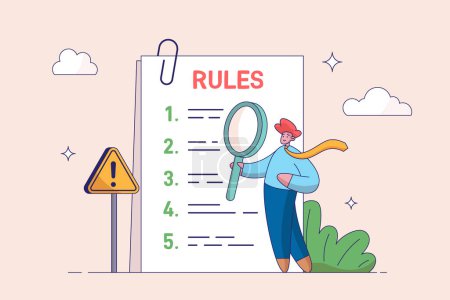 Company policy concept. Rules and regulations, corporate law and business ethics. Business person reading checklist of rules and regulation standards. Vector illustration in flat design