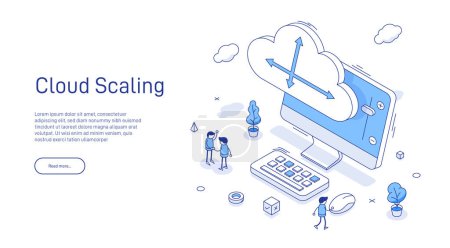 Cloud Scaling Solution concept. Cloud computing technology is easy handles growing and decreasing demand in usage. Isometric 3D cloud and arrows to maximize or minimize Cloud sizing