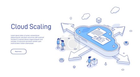 Cloud Scaling Solution concept. Cloud computing technology is easy handles growing and decreasing demand in usage. Isometric 3D cloud and arrows to maximize or minimize Cloud sizing