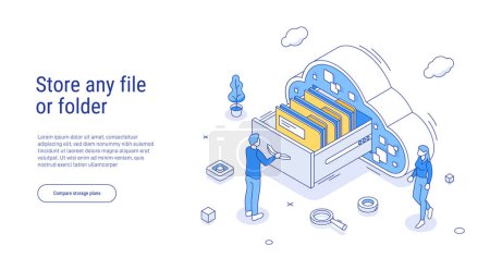 Store any file or folder. Isometric database concept. Online digital database management. Man arranges files with folders in cloud storage. 3d outline illustration