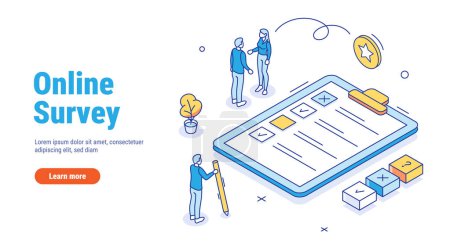 Online Survey outline isometric. People characters filling test in customer survey form. Woman and man putting check mark on checklist. Customer experiences and satisfaction vector concept