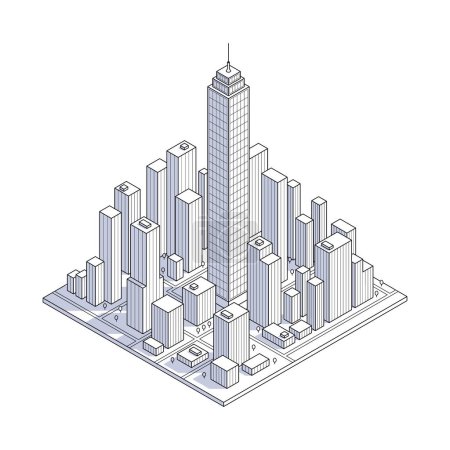 Line art of a metropolis block with skyscrapers, in a minimalist contour style, depicting urban architecture without people or vehicles. 3d isometric vector illustration isolated on white background
