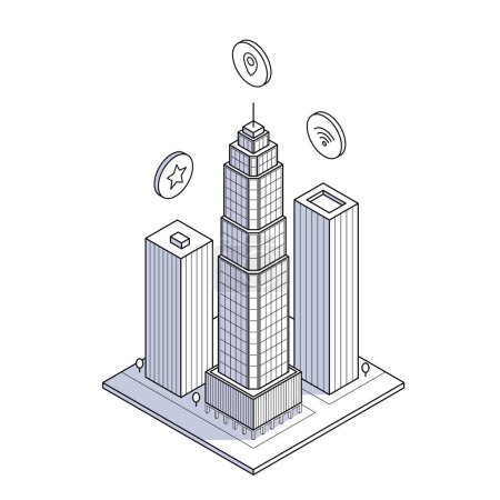 Illustration for Contour style skyscrapers illustrate a smart city concept. Isometric line art urban landscape for futuristic city life and technology themes. Wifi and location icon above buildings - Royalty Free Image