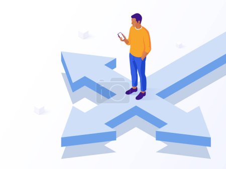 Man at crossroads with phone, choosing business path. Isometric view of decision making and navigation. Vector business illustration concept