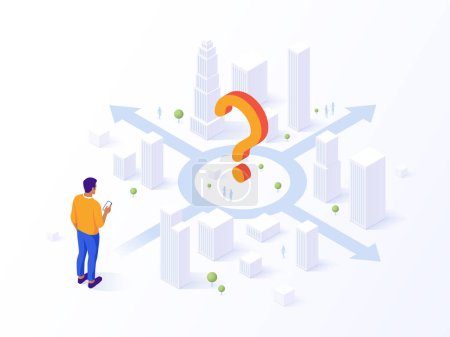 Man pondering choices at a question mark crossroad with multiple arrows. GPS navigation. Concept of decision making. Vector isometric illustration. Business concept