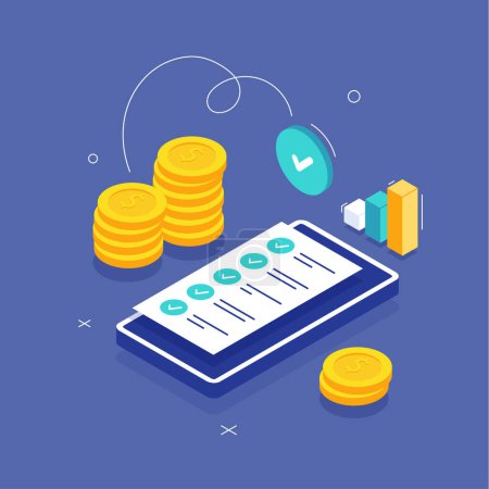 Illustration for Credit report isometric concept. Approved credit bill, Payment approved. Characters with good credit score receiving loan approval from bank. Personal finance. 3d outline vector illustration - Royalty Free Image