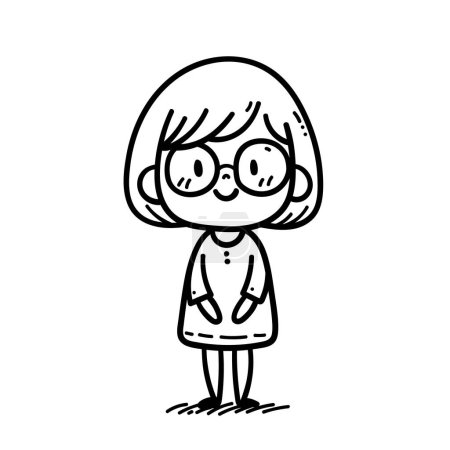 Vector Illustration of a Young Girl. Charming black and white line art depicts young girl with a stylish bob haircut, rendered in a whimsical hand drawn style. Perfect for children and educational