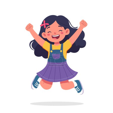 Vector de una chica alegre con el pelo largo en una falda púrpura y zapatillas de deporte, que encarna la energía juvenil y la diversión. Niños vector ilustración de dibujos animados. Niño, colegiala, niña aislada sobre fondo blanco