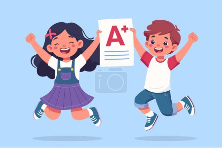 Exuberant schoolchildren leap with joy, clutching a top-graded test. A perfect capture of academic triumph and youthful spirit. Vector kids illustration. Back to school theme