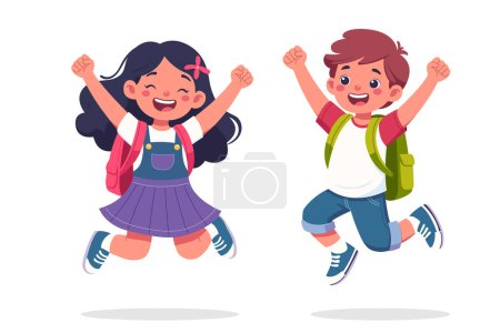 Ilustración de Niños alegres con mochilas frente a ellos se dirigen a un nuevo año escolar. Ideal para campañas de regreso a la escuela. Ilustración vectorial aislada sobre fondo blanco - Imagen libre de derechos