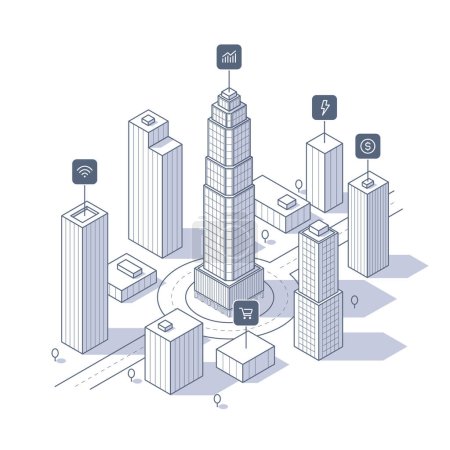 Smart City Konzept mit Hochhäusern und Eigenheimen im Konturstil, garniert mit Tech-Ikonen, die das vernetzte urbane Leben repräsentieren. Vektorisometrische Illustration auf der Webseite